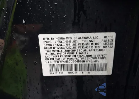 2013 Honda Pilot Ex-L from USA, damaged, VIN 5FNYF4H60DB040166